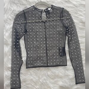 H&M Black Sheer Pearl-Embellished Long Sleeve Top